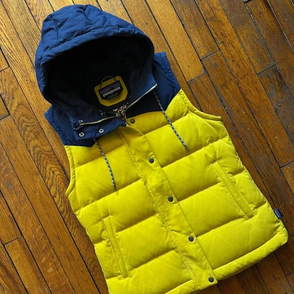 Patagonia Bivy Down Hooded Puffer Vest Jacket Women Small Yellow Blue Gorpcore - Picture 2 of 8